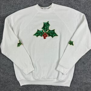 Tultex Vintage Christmas Sweatshirt Mens Large White Holly Embellished Crewneck